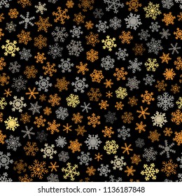 Christmas seamless pattern of snowflakes, gray and brown on black background.