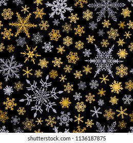 Christmas seamless pattern of snowflakes, gray and brown on black background.