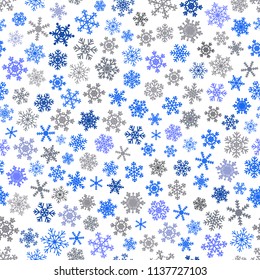 Christmas seamless pattern of snowflakes, gray and blue on white background.