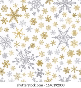 Christmas seamless pattern of snowflakes, gray and brown on white background.