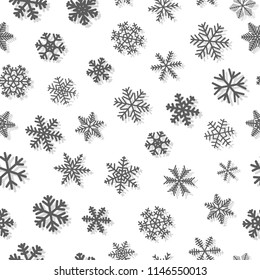 Christmas seamless pattern of snowflakes, gray on white background
