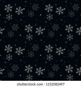 Christmas seamless pattern of snowflakes gray and white on black background eps10