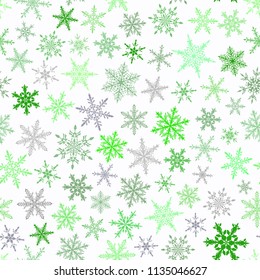 Christmas seamless pattern of snowflakes, green and gray on white background.