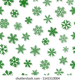 Christmas seamless pattern of snowflakes, green on white background
