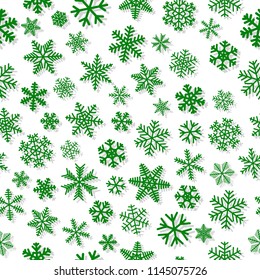 Christmas seamless pattern of snowflakes, green on white background