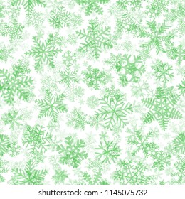 Christmas seamless pattern of snowflakes, green on white background