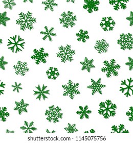Christmas seamless pattern of snowflakes, green on white background