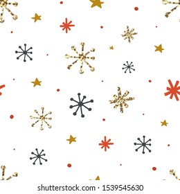 Christmas seamless pattern with snowflakes. Hand drawn doodle snowflakes background for wrapping paper, textiles, wallpaper, cards. Glitter design element. Vector illustration.