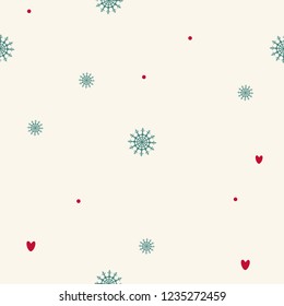 Christmas seamless pattern of snowflakes, hearts, circles and dots. Background for wrapping paper. Vector.