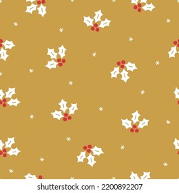Christmas seamless pattern with snowflakes and holly berries on gold background. Perfect for winter greeting card, New Year decoration, wallpaper, wrapping paper, fabric. Vector illustration
