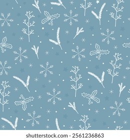 Christmas seamless pattern with snowflakes, holly twigs and fir branches. For fabric, web page background, gift and wrapping paper, greeting cards, scrapbooking album, collages, winter decorations.