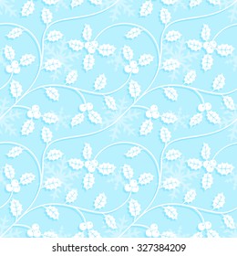 Christmas seamless pattern with snowflakes and holly leaves in light-blue colors