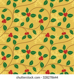 Christmas seamless pattern with snowflakes and holly leaves.