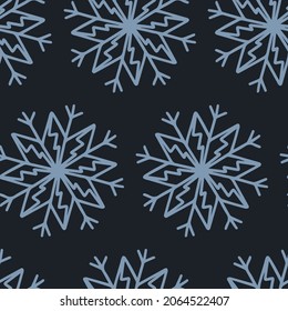 Patrón ininterrumpido de Navidad con copos de nieve aislados en el fondo oscuro. Feliz año nuevo papel pintado y envoltura para diseño estacional, textil, decoración, tarjeta de saludo. Impresiones dibujadas a mano y garabatos.