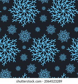 Patrón ininterrumpido de Navidad con copos de nieve aislados en el fondo oscuro. Feliz año nuevo papel pintado y envoltura para diseño estacional, textil, decoración, tarjeta de saludo. Impresiones dibujadas a mano y garabatos.