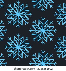 Weihnachten nahtloses Muster mit Schneeflocken einzeln auf dunklem Hintergrund. Alles Gute zum neuen Jahr Tapete und Wrapper für saisonale Design, Textilien, Dekoration, Grußkarte. Handgezeichnete Drucke und Doodle.