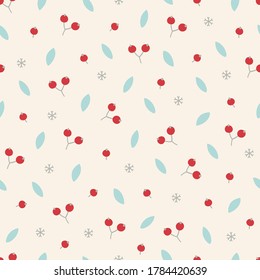 Navidad, sin costuras, copos de nieve, hojas, bayas sobre fondo beige. Perfecto para vacaciones de invierno, saludos de Año Nuevo, papel de regalo, fondo de pantalla