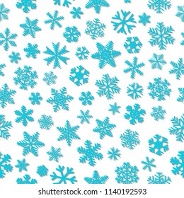 Christmas seamless pattern of snowflakes, light blue on white background