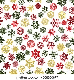 Christmas seamless pattern of snowflakes, multicolored on white