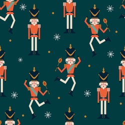 Christmas Seamless Pattern With Snowflakes And Nutcrackers On Blue Background. Vector Illustration. 
