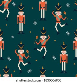 Christmas seamless pattern with snowflakes and nutcrackers on blue background. Vector illustration. 