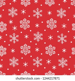Christmas seamless pattern with snowflakes on red background. Perfect for holiday invitations, wrapping paper, greeting cards.
