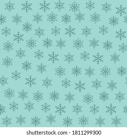 Christmas seamless pattern of snowflakes on green background. Flakes pattern made of different elements isolatedon green. Winter new year backgrond fortextile, fabric, wrapping. Vector illustration