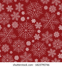 Weihnachtsnahtloses Muster von Schneeflocken auf rotem Hintergrund