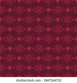 Christmas seamless pattern with snowflakes on dark red background. Scandinavian style. Perfect for holiday invitations, winter greeting cards, wallpaper and gift paper 