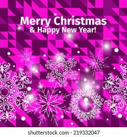 Christmas seamless pattern with snowflakes on triangles background, vector