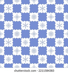 Christmas seamless pattern with snowflakes on chessboard. Y2k groovy psychedelic fun pattern background. Winter pastel blue backdrop for wrapping, wallpaper, print templates, textile, scrapbook paper
