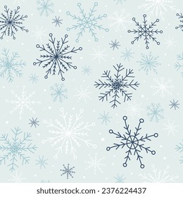 Patrón de Navidad sin costuras con copos de nieve sobre fondo azul. Copos de nieve con diferentes adornos para textiles, tejidos, papel, papel pintado, pancartas, tarjetas de felicitación. Ilustración vectorial de invierno