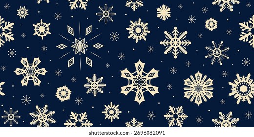Navidades de copos de nieve de patrón sin fisuras sobre fondo índigo azul profundo. Cristales de hielo de oro de vacaciones de año Nuevo que brillan en el cielo nocturno. Diseño de repetición de media gota de invierno para tela textil, impresión de papel de embalaje.