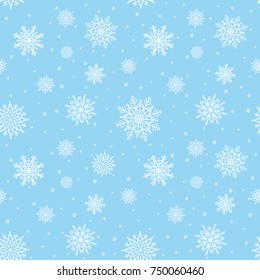 Christmas seamless pattern with snowflakes on blue background. Decoration wrapping. Symbol of winter and celebration Christmas or New Year. Vector Illustration.