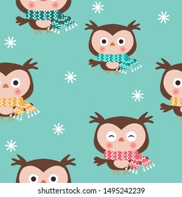 Christmas seamless pattern with snowflakes, owls in scarfs. Vector illustration.