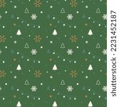 Christmas seamless pattern with snowflakes, pine trees and decorating lights on green background