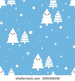 Patrón de Navidad sin fisuras con copos de nieve y dibujos de pinos en la ilustración vectorial de fondo azul.