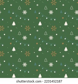 Christmas seamless pattern with snowflakes, pine trees and decorating lights on green background