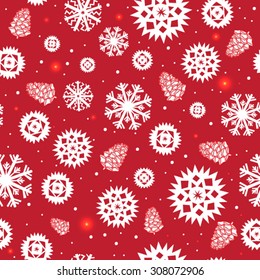 Christmas seamless pattern with snowflakes and pine cones
