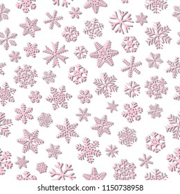 Christmas seamless pattern of snowflakes, pink on white background