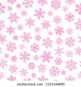 Christmas seamless pattern of snowflakes, pink on white background
