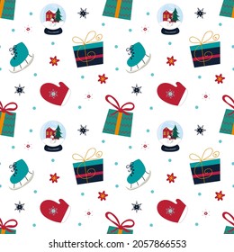 Christmas seamless pattern with snowflakes, present, snowball, mitten on white background
