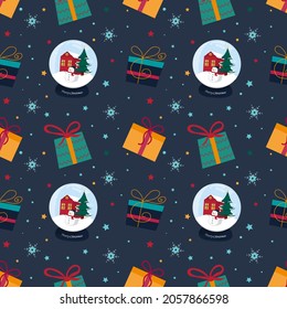 Christmas seamless pattern with snowflakes, present, snowball globe on blue background