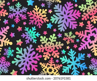 Christmas seamless pattern with snowflakes. Rainbow snowflakes on a black background. Winter background.