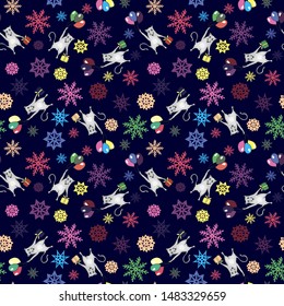 Christmas seamless pattern, snowflakes, a rat flies on balls with a gift in his hands. hand drawing. vector illustration eps10.