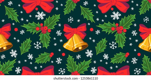 christmas seamless pattern with snowflakes, red mistletoe berries, bow, bell