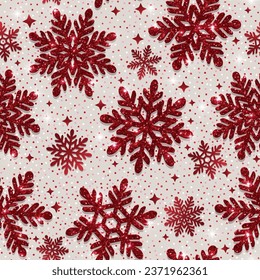 Christmas seamless pattern with snowflakes. Red glitter texture. Winter background. Shining red snowflakes on a light background.