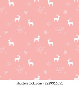christmas seamless pattern with snowflakes and reindeer on pink background