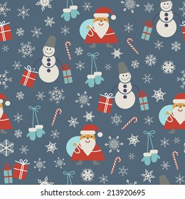 Christmas seamless pattern with snowflakes, Santa Claus, snowman and gifts.