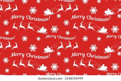 Christmas seamless pattern with snowflakes and Santa Claus on reindeer on a red background. Print, vector illustration